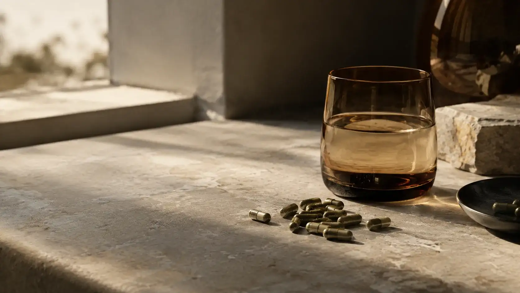 Unbranded capsules counted onto a pale stone surface beside a plain glass of water in morning light.