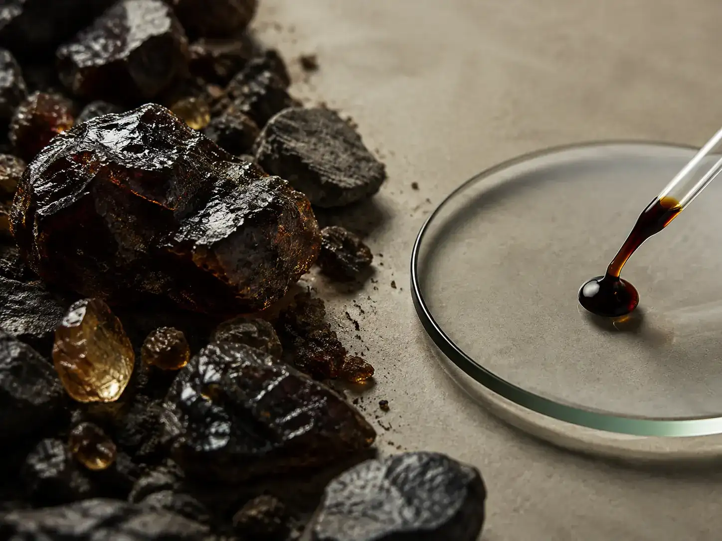Raw dark resin beside a carefully prepared sample in clean glassware.